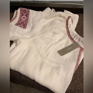 J. Crew Cream Blouse with Purple Embroidery
